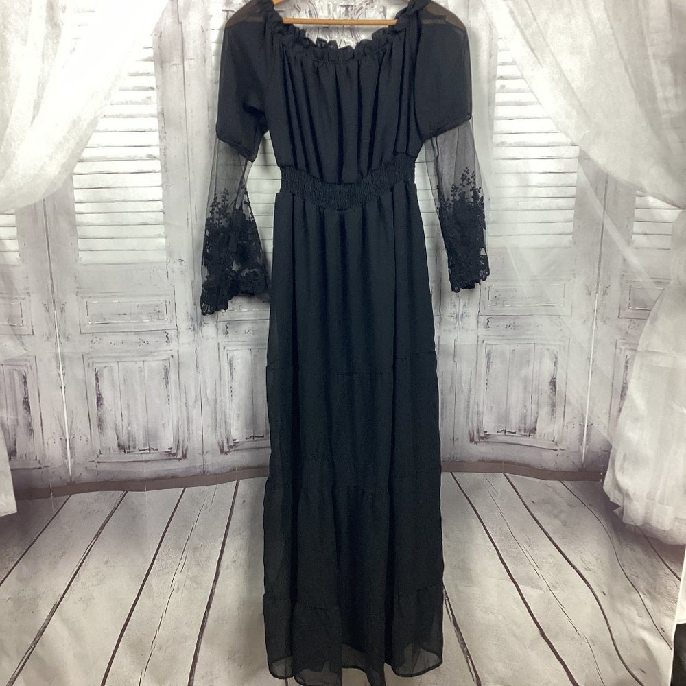 Black Long Sleeve Lace Sheer Dress 3XL